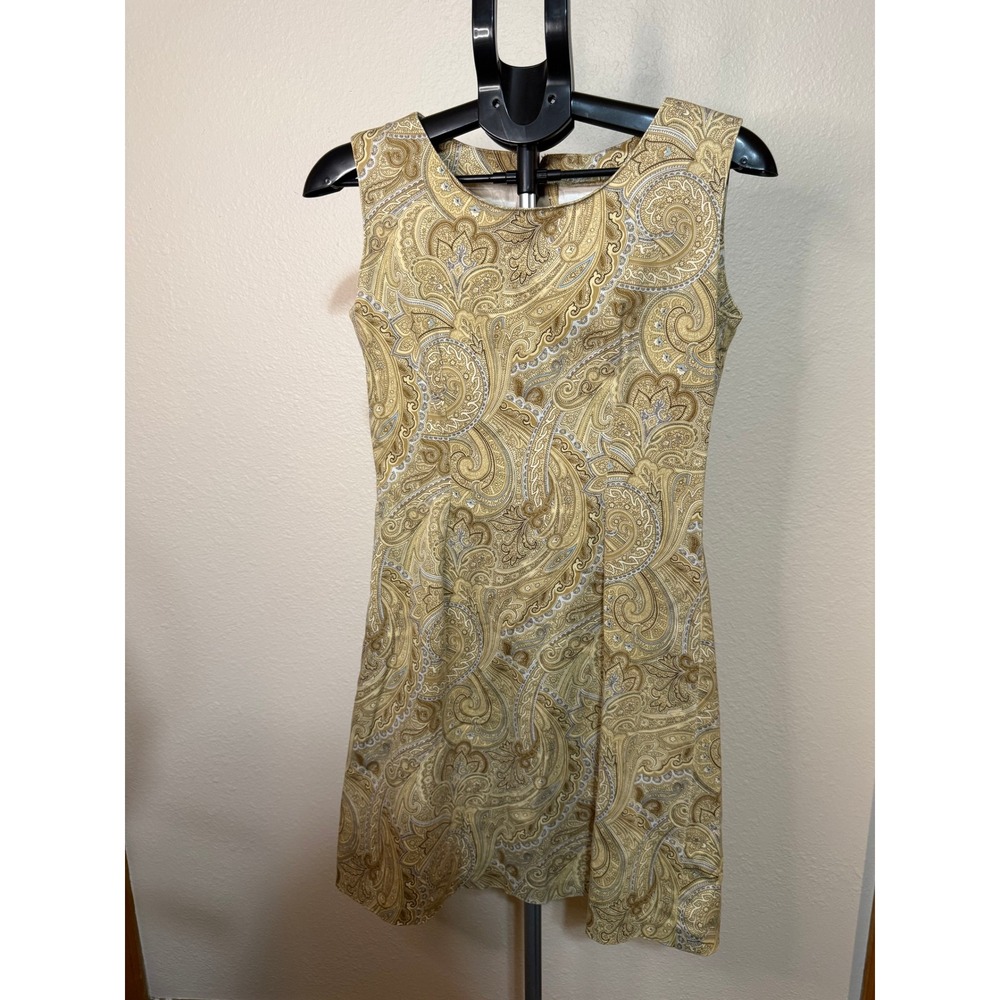 Vintage Gold Paisley Sleeveless Shift Dress Tan Blue Mod Boho Mini Dress